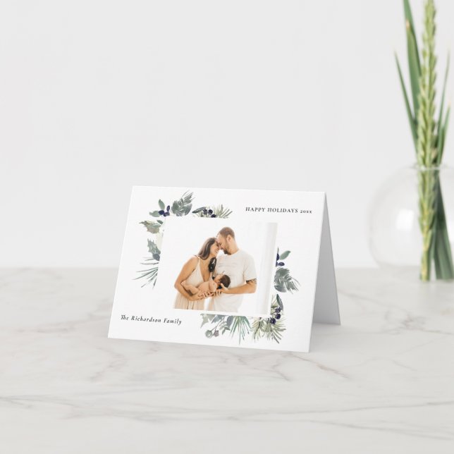 Cartes Pour Fêtes Annuelles Blanc Vert Noël Foncé Feuillage Photo Joyeux (Devant)