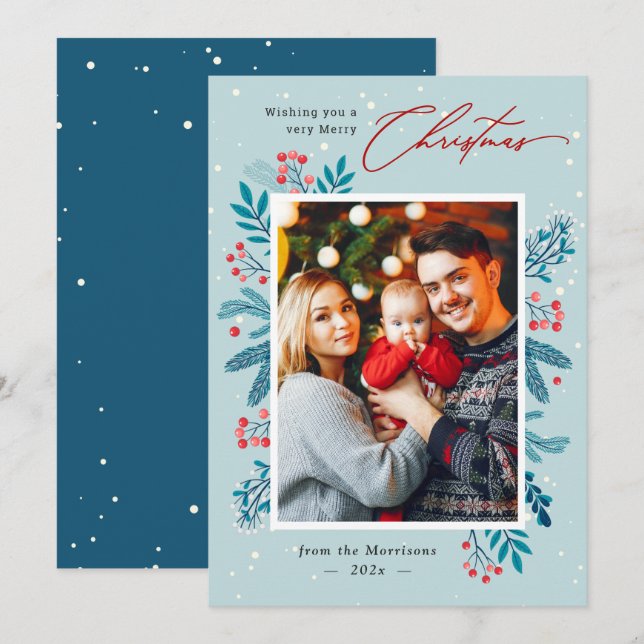 Cartes Pour Fêtes Annuelles Blanche neige Noël Floral Pine Feuilles Photo (Devant / Derrière)