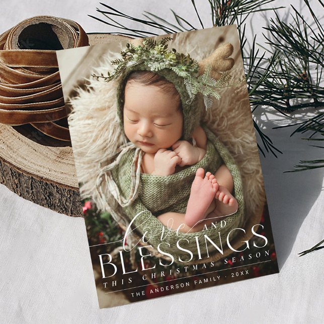 Cartes Pour Fêtes Annuelles Blessant Élégant Photo Verdure Bébé 1er Noël (Love and blessings Merry Christmas full bleed photo botanical greenery simple elegant Holiday card)