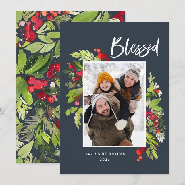 Cartes Pour Fêtes Annuelles Blessé aquarelle feuillage 1 photo Noël marine (Devant / Derrière)