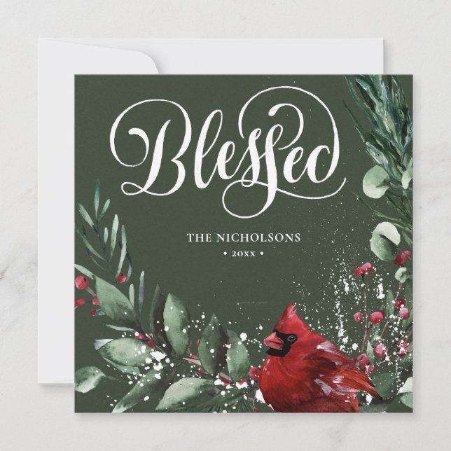 Cartes Pour Fêtes Annuelles Blessé Festive Green Script Rouge Berry Pine Bough (Devant)
