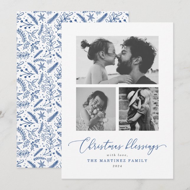 Cartes Pour Fêtes Annuelles Blessures de Noël Script bleu photo multiple (Devant / Derrière)