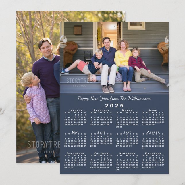 Cartes Pour Fêtes Annuelles Bleu 2025 Calendrier 2 Photos personnalisées Bonne (Devant / Derrière)