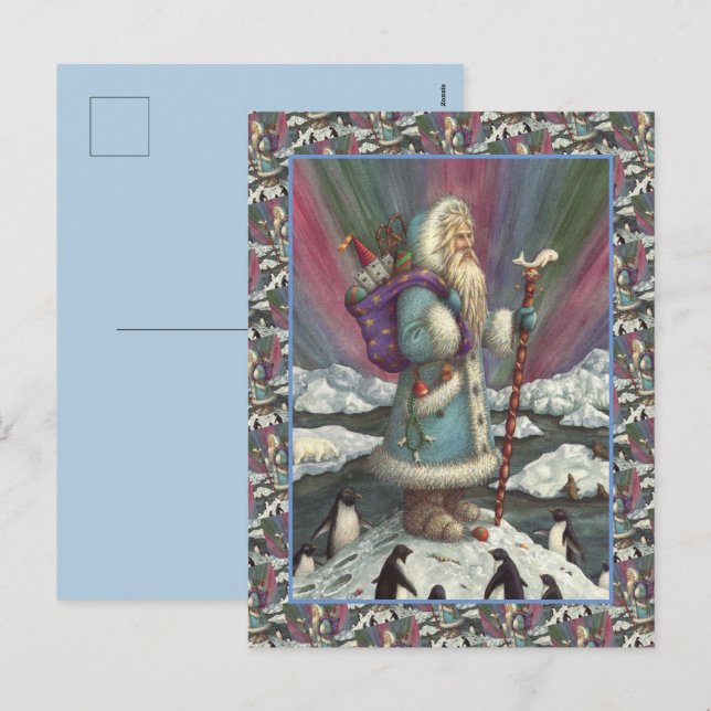 CARTES POUR FÊTES ANNUELLES BLEU BELSNICKLE, LUMIÈRES DU NORD & PENGUINS (Devant / Derrière)