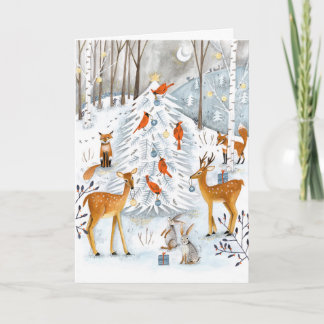 Cartes Pour Fêtes Annuelles Bleu & blanc de la forêt Arbre et animaux Forêt