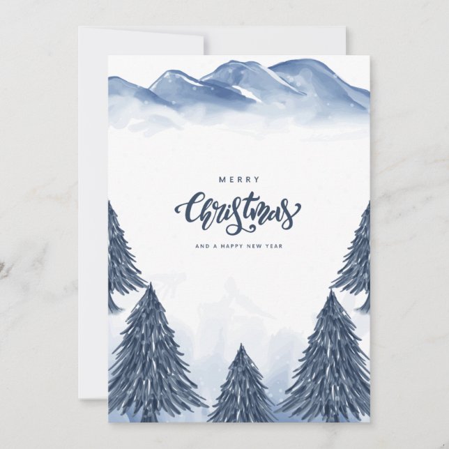 Cartes Pour Fêtes Annuelles Bleu Blanc Paysage d'hiver Salutation de Noël (Devant)