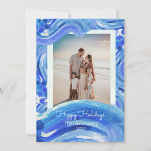 Cartes Pour Fêtes Annuelles Bleu Blanc Peinture Vague de Noël Famille Photo