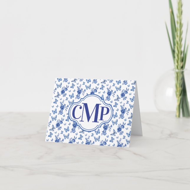 Cartes Pour Fêtes Annuelles Bleu Blancs Papillon Rose Classic Monogramme Note (Devant)