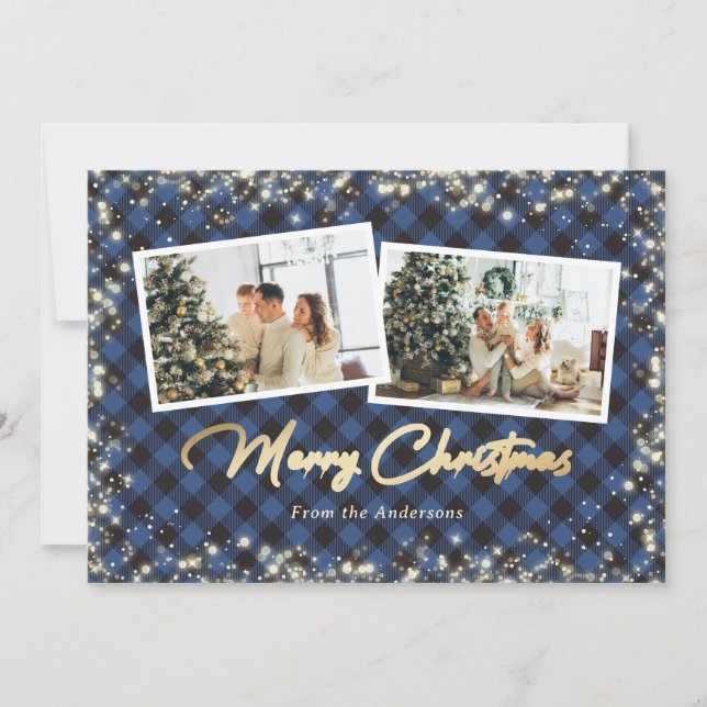 Cartes Pour Fêtes Annuelles Bleu Buffalo Plaid Gold Photo Noël (Devant)
