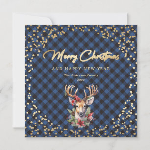 Cartes Pour Fêtes Annuelles Bleu Buffalo Plaid Gold Reinder neige Noël