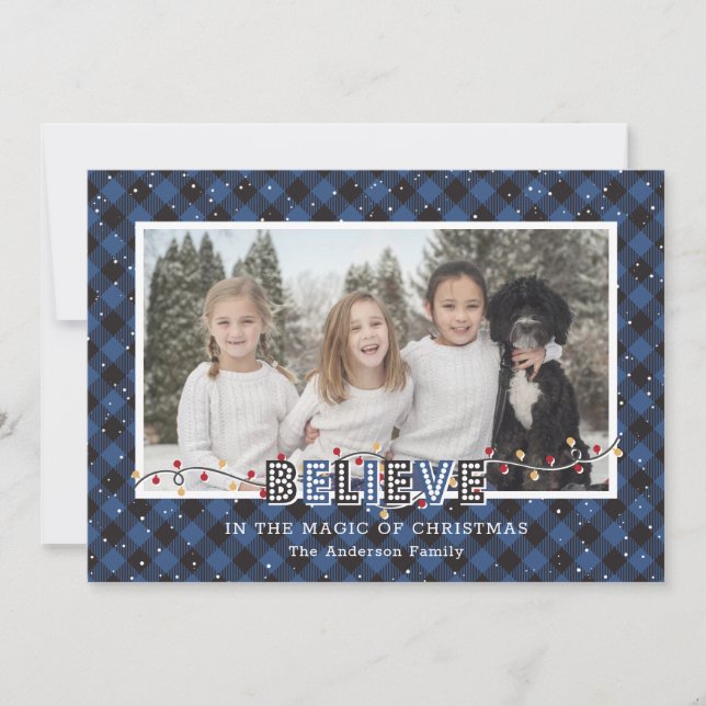 Cartes Pour Fêtes Annuelles Bleu Buffalo Plaid Neige Croire Photo (Devant)