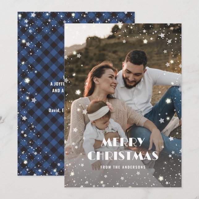 Cartes Pour Fêtes Annuelles Bleu Buffalo Plaid Neige Étoiles Photo Noël (Devant / Derrière)