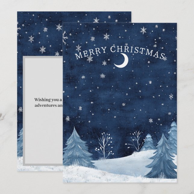 Cartes Pour Fêtes Annuelles Bleu de la Marine Personnalisé Hiver Minuit Noël (Devant / Derrière)