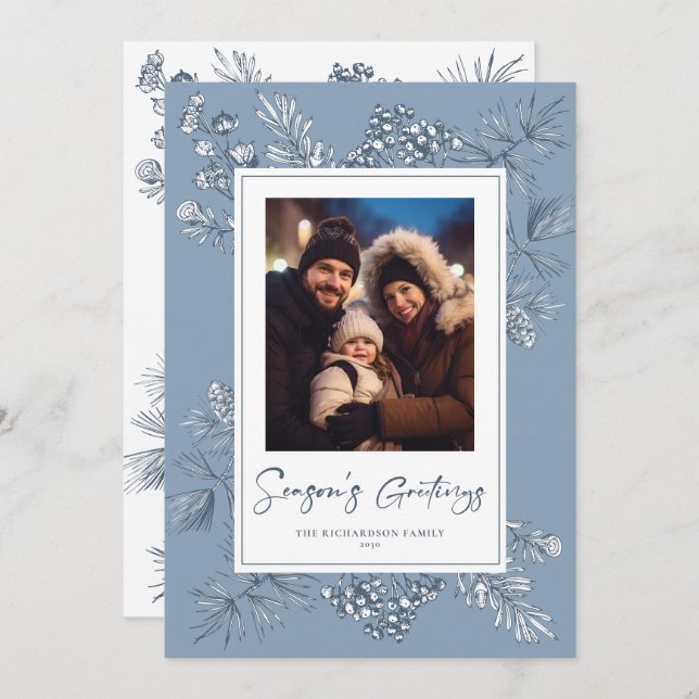 Cartes Pour Fêtes Annuelles Bleu de Noël botanique (Devant / Derrière)