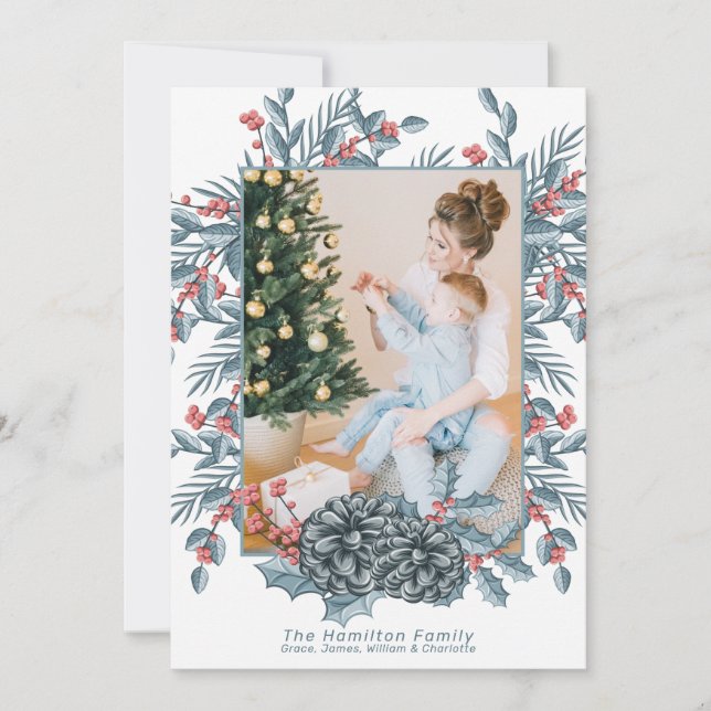 Cartes Pour Fêtes Annuelles Bleu délicat Pin de Berry Photo de Noël (Devant)