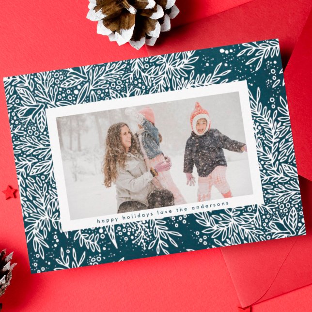 Cartes Pour Fêtes Annuelles Bleu d'hiver & Icy Blanc Noël Botanique Photo (Créateur téléchargé)