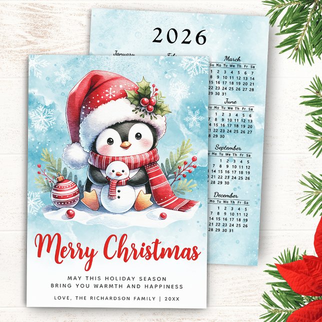Cartes Pour Fêtes Annuelles Bleu et rouge Joyeux Noël de Pingouin (Merry Christmas Card with a Cute Penguin in a Santa Hat, 2026 Calendar on a Backside of the Card)