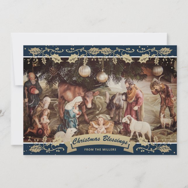 Cartes Pour Fêtes Annuelles Bleu Holly Nativité Scène Noël chrétien (Devant)