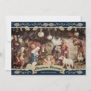 Cartes Pour Fêtes Annuelles Bleu Holly Nativité Scène Noël chrétien