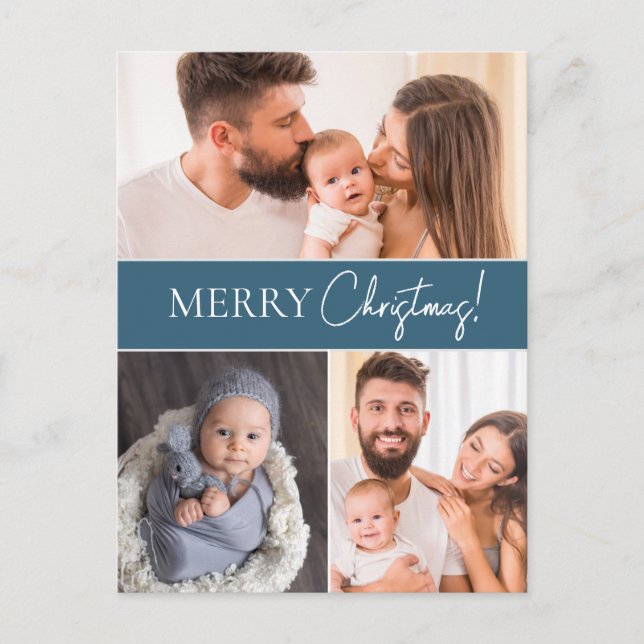 Cartes Pour Fêtes Annuelles Bleu moderne Joyeux Noël Multiples photos de famil (Devant)