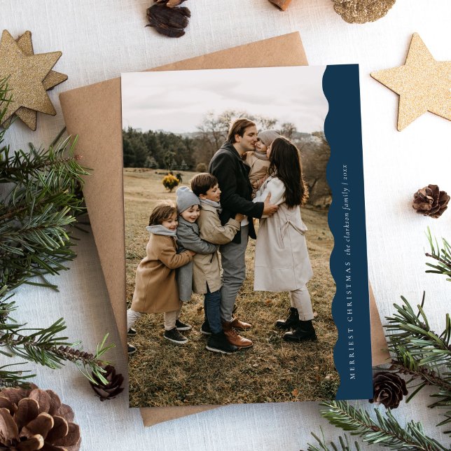 Cartes Pour Fêtes Annuelles Bleu Moderne Simple Vague Deux Photo Noël (Créateur téléchargé)