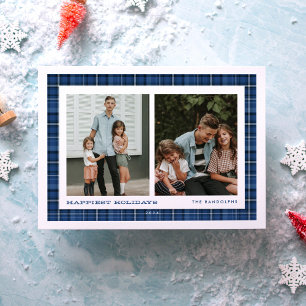Cartes Pour Fêtes Annuelles Bleu Plaid Joyeux Vacances Double Photo