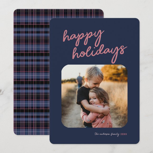 Cartes Pour Fêtes Annuelles Bleu rose Plaid 1-Photo Joyeux Joyeux Script (Devant / Derrière)