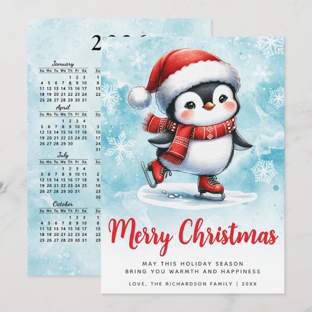 Cartes Pour Fêtes Annuelles Bleu rouge mignon patinage sur glace pingouin Joye (Devant / Derrière)