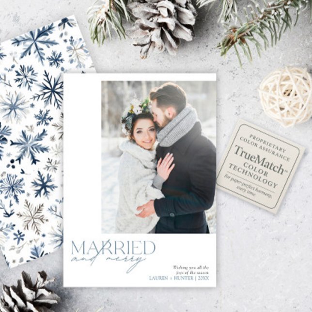 Cartes Pour Fêtes Annuelles Bleu rustique Marié & Joyeux photo Newlysée (Créateur téléchargé)