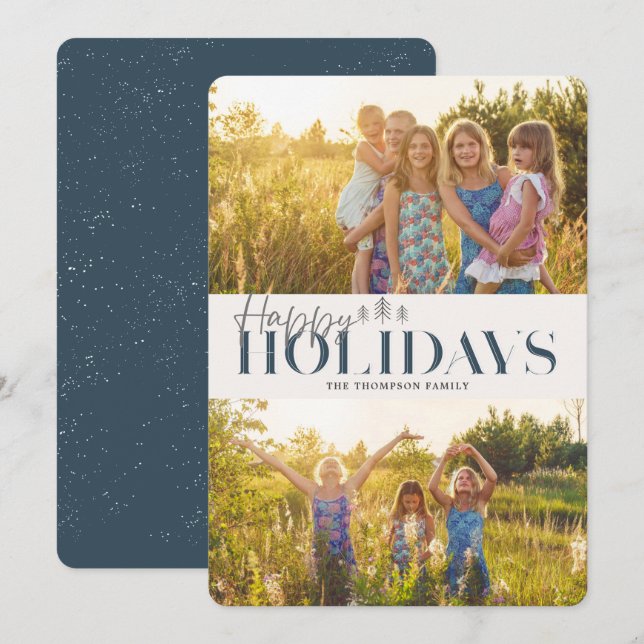 Cartes Pour Fêtes Annuelles Bleu Simple Moderne Joyeux Vacances Deux Photos (Devant / Derrière)