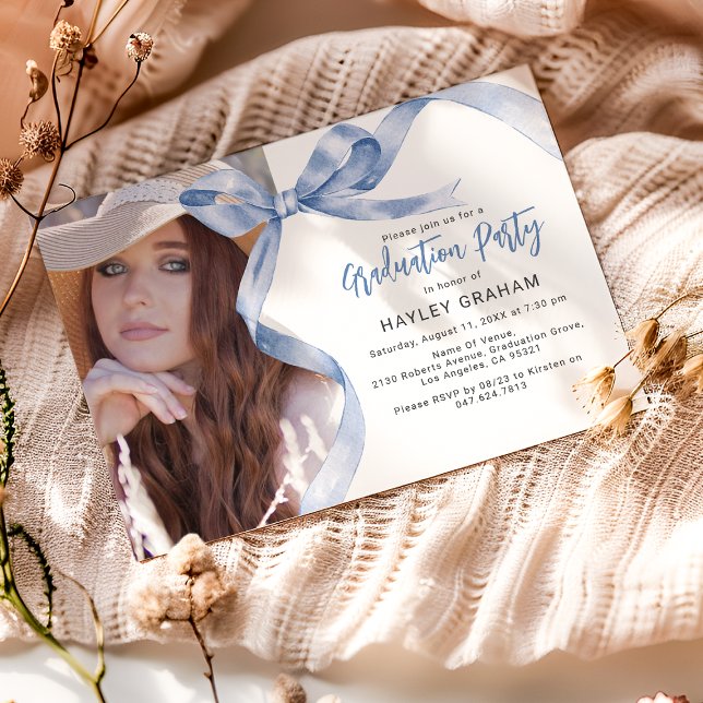 Cartes Pour Fêtes Annuelles Bleu tendance Bow photo Graduation Party Invitatio (Créateur téléchargé)