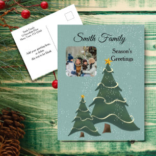 Cartes Pour Fêtes Annuelles Bleu vert sapin de Noël Scène Vintage Photo