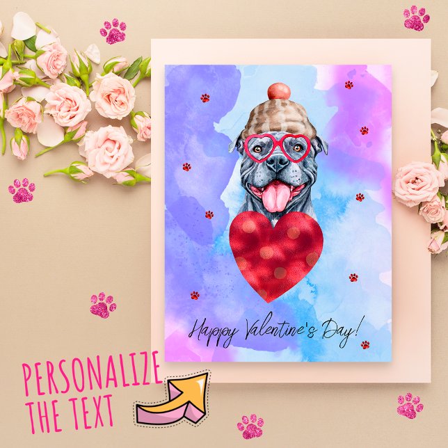 Cartes Pour Fêtes Annuelles Bleu violet gris Pitbull Saint Valentin Chien cade (Créateur téléchargé)