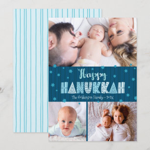 Cartes Pour Fêtes Annuelles Blue 3 Photo Happy Hanoukka Modern Fun Typographie