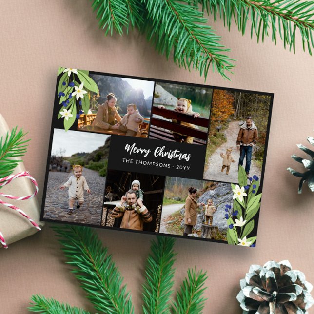Cartes Pour Fêtes Annuelles Blue Berry Green Photo Collage Joyeux Noël (Créateur téléchargé)