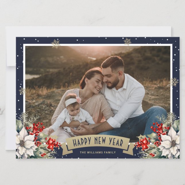 Cartes Pour Fêtes Annuelles Blue Botanical Snowflake Photo Happy New Year (Devant)