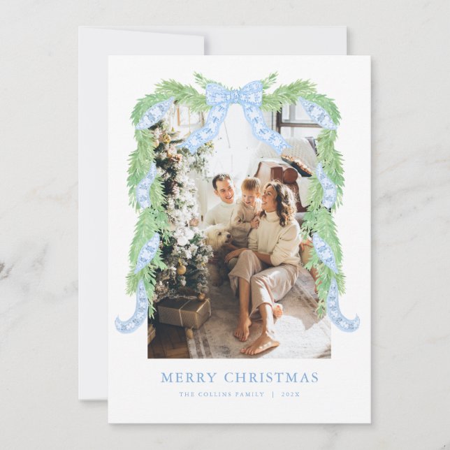 Cartes Pour Fêtes Annuelles Blue Bow Christmas Garland Photo Holiday Card (Devant)