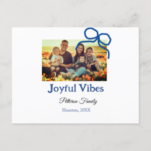 Cartes Pour Fêtes Annuelles Blue bow joyful Vibes ajouter nom de famille photo