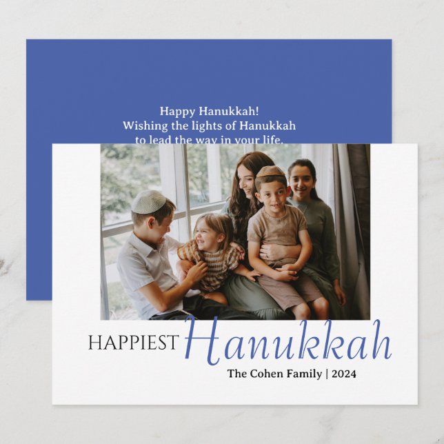 Cartes Pour Fêtes Annuelles Blue Calligraphy Happiest Hanoukka famille 1 photo (Devant / Derrière)