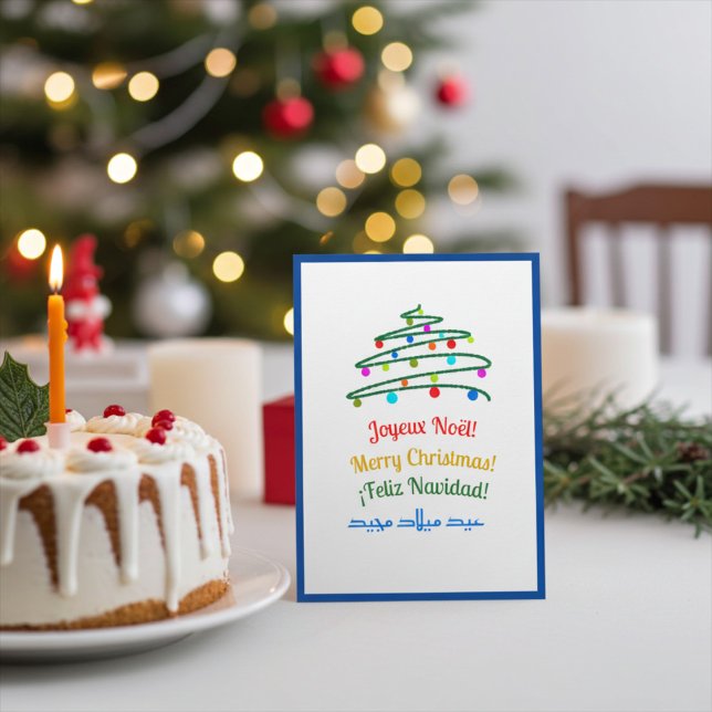 Cartes Pour Fêtes Annuelles Blue Festive Multilingual Joyeux Noël et Arbre (Créateur téléchargé)