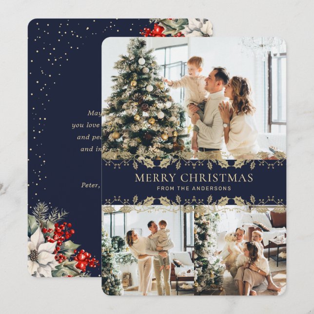 Cartes Pour Fêtes Annuelles Blue Gold Elegant Botanical Photo Christmas Card (Devant / Derrière)