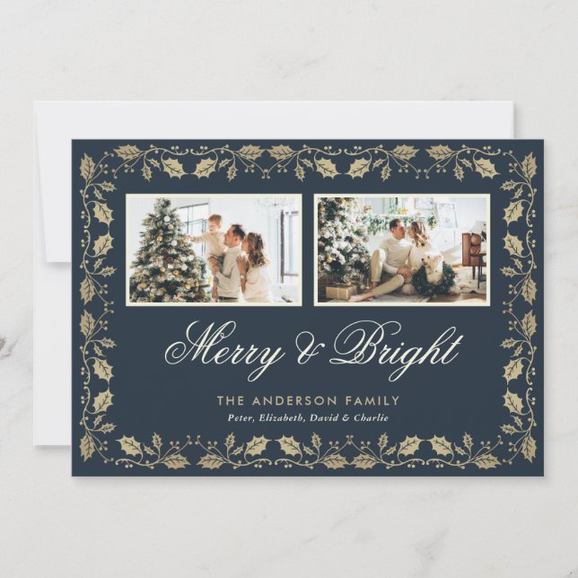 Cartes Pour Fêtes Annuelles Blue Gold Holly Joyeux et photo brillante (Devant)