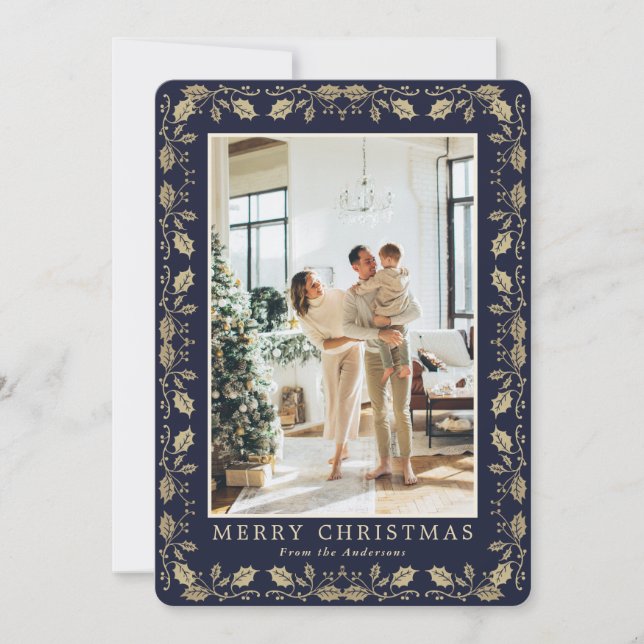 Cartes Pour Fêtes Annuelles Blue Gold Photo Elegant Christmas Card (Devant)