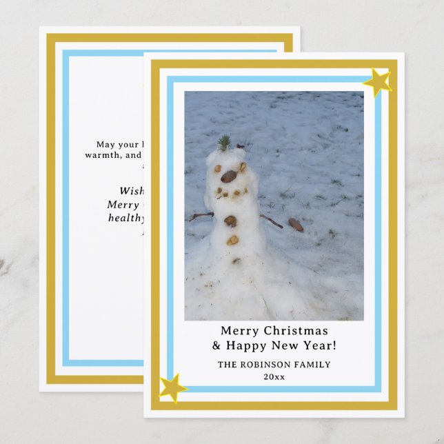 Cartes Pour Fêtes Annuelles Blue Gold Stars Little Snowman INSERT PHOTO (Devant / Derrière)