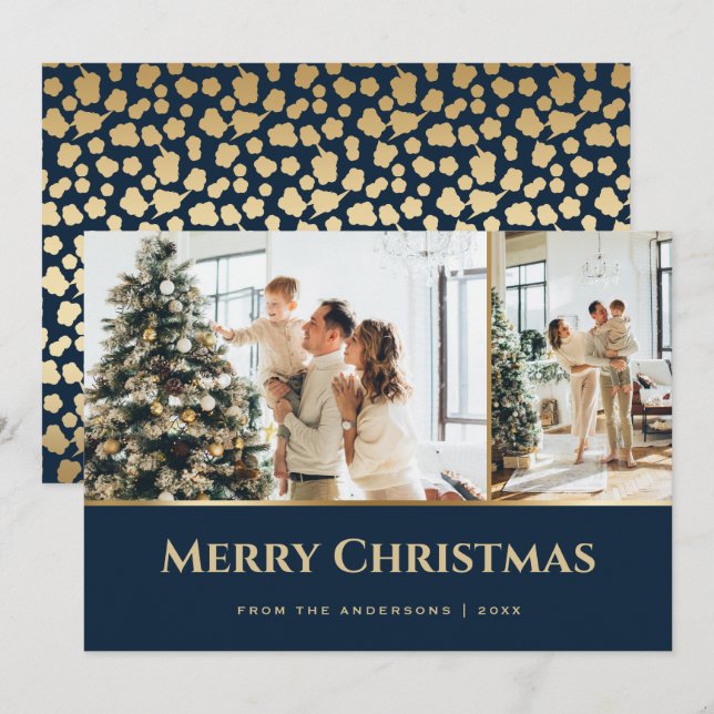 Cartes Pour Fêtes Annuelles Blue Gold Stars Photo Noël (Devant / Derrière)