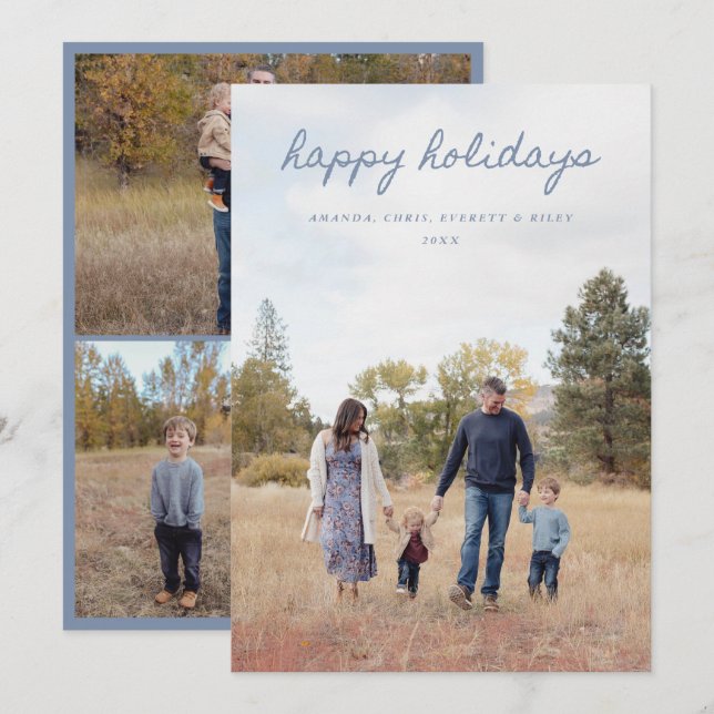 Cartes Pour Fêtes Annuelles Blue Happy Holidays Card 4 Family Photos (Devant / Derrière)