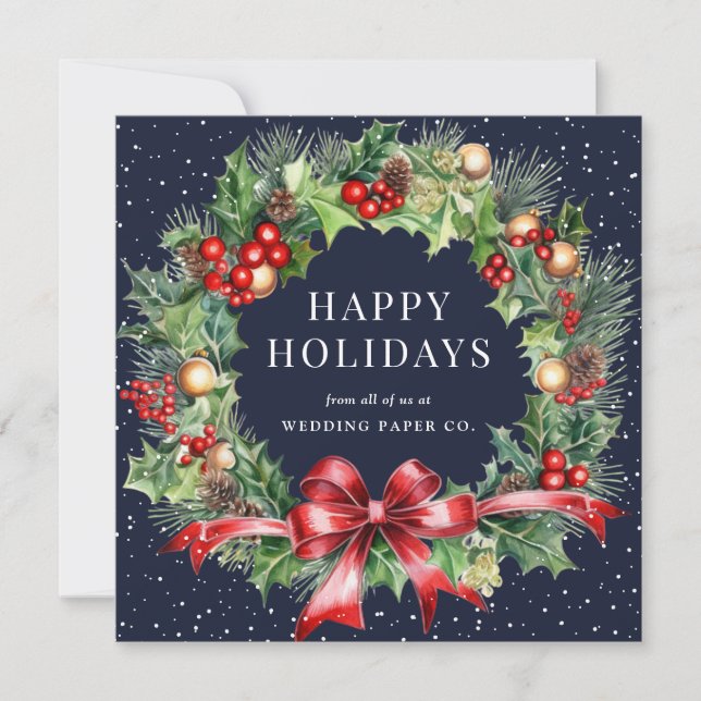 Cartes Pour Fêtes Annuelles Blue Holly Berry Botanique Wreath Business (Devant)