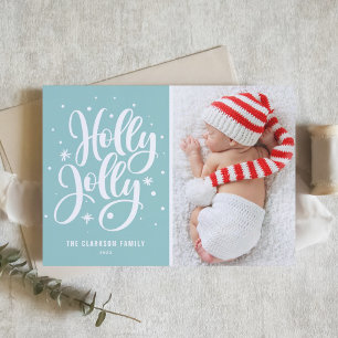 Cartes Pour Fêtes Annuelles Blue Holly Jolly Hand Lettering Baby Photo