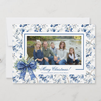 Cartes Pour Fêtes Annuelles Blue Holly Toile Christmas Photo Card