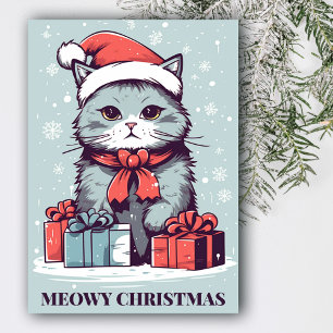 Cartes Pour Fêtes Annuelles Blue Meowy Noël mignon chat dans un chapeau de Pèr